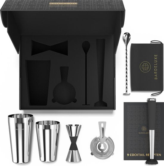 BarDeluxe® Cocktail Shaker Set - 5-Piece Boston Shaker - Cocktail Set with Stamper, Sieve, Bar Spoon & Recipe Book - Includes Luxury Gift Box - Silver