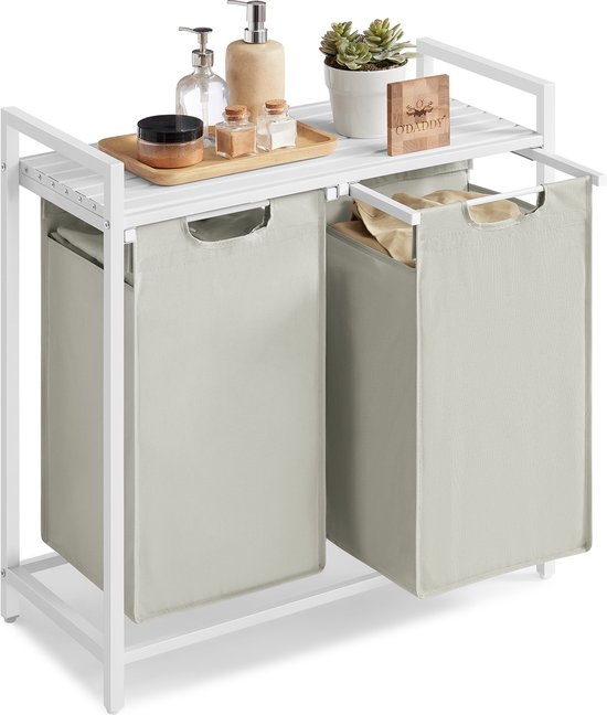 O'DADDY® Laundry Basket 2 Boxes - Trieur de linge extensible avec étagère - 76 litres - 73 x 33 x 72 cm - Pieds réglables - Assemblage facile - Multifonctionnel et élégant - Métal - Blanc