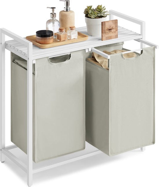 O'DADDY® Laundry Basket 2 Boxes - Trieur de linge extensible avec étagère - 76 litres - 73 x 33 x 72 cm - Pieds réglables - Assemblage facile - Multifonctionnel et élégant - Métal - Blanc