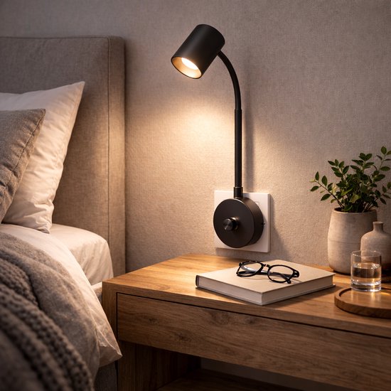 Smartwares IDE-60066 - Veilleuse blanc chaud dimmable - 2700-3000K - 200 Lumen - Col flexible - Directement dans la prise - Noir - Liseuse / Lumière d'ambiance