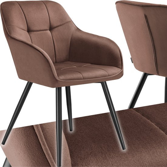 tectake® Dining Chair Marilyn - Chaise tapissée aspect velours - motif de couture - pieds de chaise noirs - chaise de cuisine ergonomique - avec dossier et accoudoirs continus - chaise pour salon, salle à manger, chambre à coucher - marron