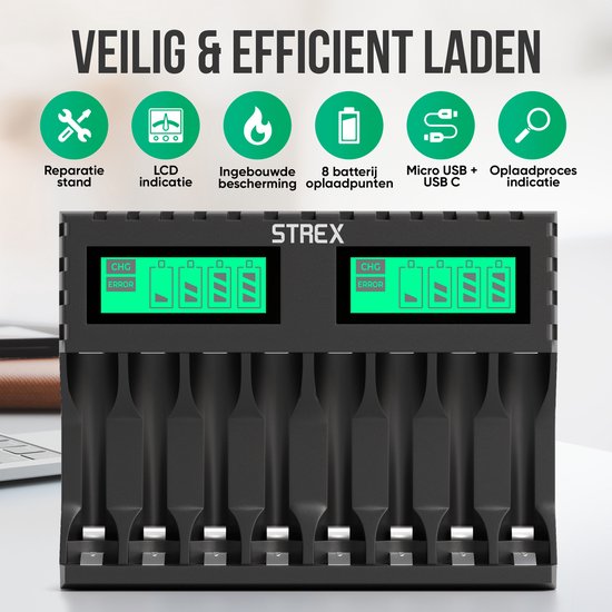 Strex Battery Charger - 8x AA/AAA Batteries - USB Rechargeable - Ecran LCD - Chargeur universel pour piles rechargeables