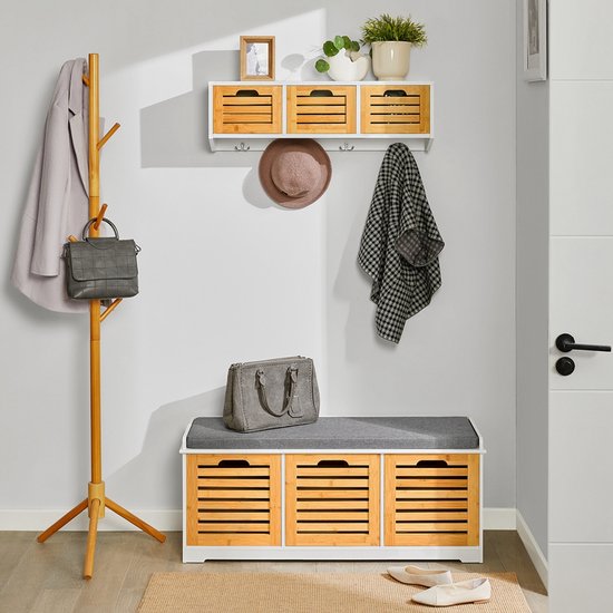 SoBuy Banc à chaussures avec coussin d'assise pour entrée ou salon, 3 paniers amovibles, 105x43x35 cm, FSR23-WN