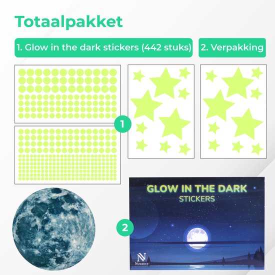 Nuvance - Étoiles et lune phosphorescentes - 442 pièces - Stickers muraux chambre d'enfant