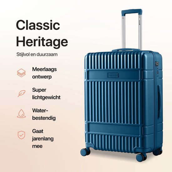 SKYCASES Classic Heritage - Grande valise de voyage - Serrure TSA - 76x52x30 cm - 100L - Valise à roulettes XL - Roues silencieuses à 360° - Légère - Trolley - Bleu foncé