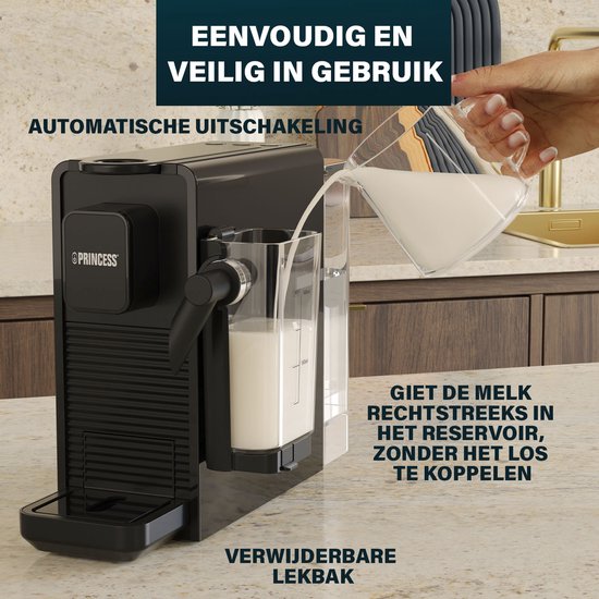 Princess Capsule Coffee Machine with Milk Frother - 249455 - Convient à Nespresso - 20 Bar - Espresso, Cappuccino & Latte - Compact - Automatic Milk System - 1400 W