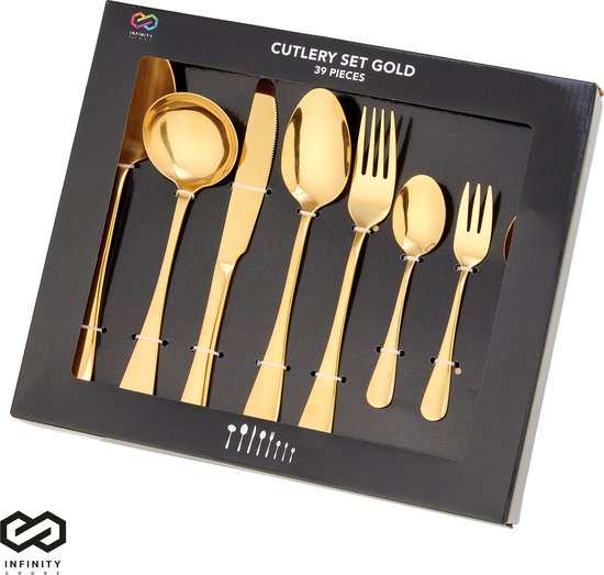 Infinity Goods Set de Couverts - Or - 39 pièces - Couverts pour 6 personnes - Multi-plats - Couteau Cuillère/Fourchette - Acier inoxydable - Or
