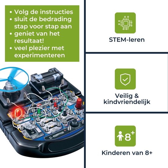 Velleman Kit de projet électronique pour les enfants de 8 ans et plus, explore les bases de l'électronique avec 18 expériences passionnantes, éducatives et interactives, LED, ventilateur et son.