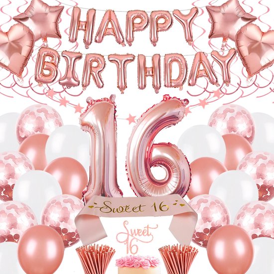 Happy Goods Birthday Decorations - Sweet 16 - Happy Birthday Garland - Rose Gold - Balloons - 61 Pieces - Birthday Decorations
