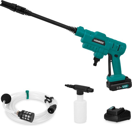 VONROC Accu nettoyeur haute pression 20V - 24bar - 198 l/h - Inclus tuyau d'aspiration de 5m, bouteille de détergent et buse ajustable - Inclus batterie 2.0Ah et chargeur rapide