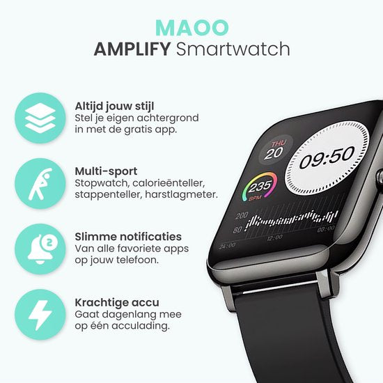MAOO AMPLIFY Smartwatch - Protection d'écran incluse - Fréquence cardiaque, pression artérielle, saturation sanguine, sommeil, distance - Podomètre - Smartwatch homme - Smartwatch femme - Montre - Cadeau de Noël - Noir
