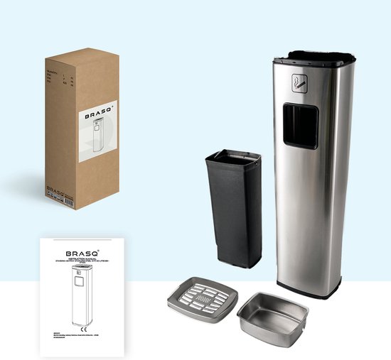 BRASQ Cendrier sur pied en acier inoxydable - Cendrier d'extérieur avec poubelle de 20 litres - Poteau fumeur - Poubelle avec cendrier