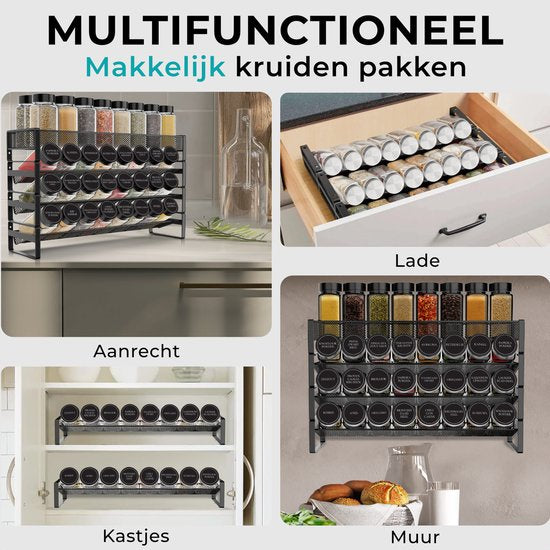 Soothe Spice Rack Standing and Hanging for 40 Spice Jars - 4 Layers - Spice Organiser - Spice Rack - Noir