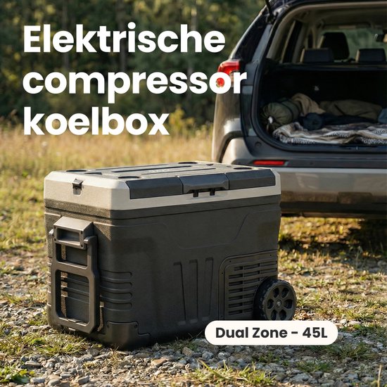 Auronic Electric Cool Box - Compresseur - 2 Zones - 45L - 12/24V et 240V - Réfrigération et congélation - Réfrigérateur de camping - Frigobox Auto - Avec roues et poignée - Noir