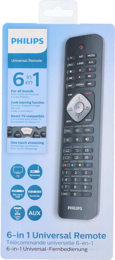 Télécommande universelle Philips SRP5016/10 - 6 en 1 - Touches d'apprentissage - Noir