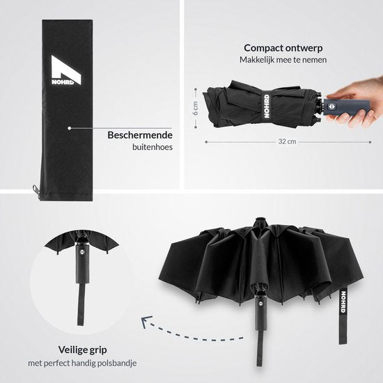 Parapluie tempête Nohrd - Noir - Parapluie pliable - Perméable au vent - 140 km/h - Parapluies tempête - Pliage et dépliage automatique - Parapluies - Housse de protection incluse