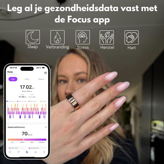 Focus® S2 Smart Ring - Or - Taille 8 - AI Coach - Fréquence cardiaque - Cycle menstruel - Moniteur de sommeil - Score de récupération - Smart Ring - Performance sportive - Podomètre - IP68 Waterproof - Mesure de l'O2 - Femmes - Hommes - Wearables - Etui d