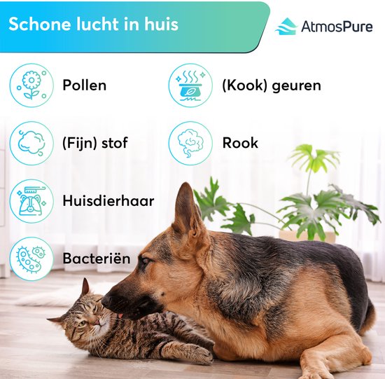 AtmosPure® CleanAir Air Purifier - Purificateur d'air avec filtre HEPA 13 + filtre à charbon remplaçable - CADR 250 m³/h - Blanc - Pour 97 m² - Lutte contre les acariens, le rhume des foins, les allergies, -3 modes + mode sommeil silencieux - Capteur de q