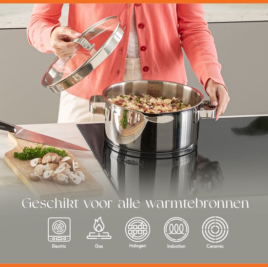 ELLE Gourmet Plaque de cuisson moderne en acier inoxydable avec couvercle - Ø 24 cm - Marmite - Sans PFAS - Induction