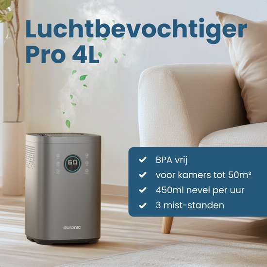Auronic Humidificateur - 4 litres - 40m2 - Convient au salon, au bureau, à la chambre à coucher, à la chambre de bébé et plus encore - Avec aromathérapie - Sans BPA - Gris