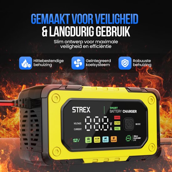 Chargeur de batterie Strex 12V 7A - Chargeur rapide et goutte à goutte avec écran LCD - Pour voiture, moto, bateau et batteries AGM/plomb - Mode réparation