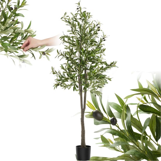 tectake® Olivier artificiel Oleand - Plante artificielle méditerranéenne avec feuilles et olives réalistes - Facile d'entretien et polyvalent - Pot de fleurs robuste inclus - Hauteur : 180 cm