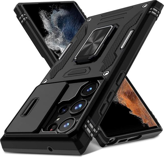 Podec Case with Screen Protector - Suitable for Samsung Galaxy S23 Ultra - Black Phone Case - Anti-Shock Case - Hybrid Armor Case with Kickstand Ring