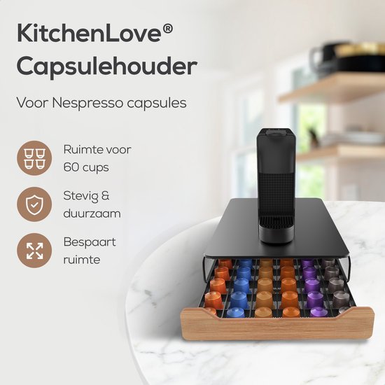 KitchenLove Porte-capsules Nespresso - Porte-tasses - Avec tiroir - Pour tasses à café - 60 tasses - Noir avec bois de bambou