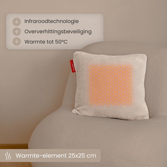 Auronic Heat Pillow - Sherpa Fleece - 45x45 - Sans fil - Rechargeable - Oreiller électrique - Infrarouge - Beige