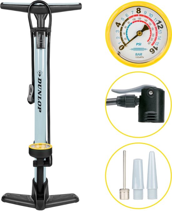 Pompe à vélo Dunlop avec manomètre - Pompe à vélo pour valve Dunlop, Schrader et française - Pompe sur pied avec adaptateurs pour jouets aquatiques et balles
