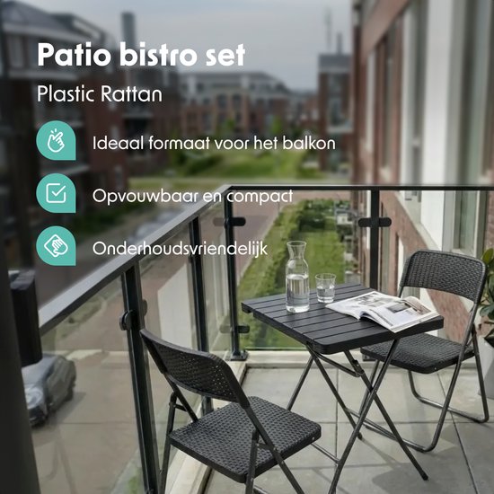 LifeGoods Ensemble bistro - 3 pièces - pliable - aspect rotin - ensemble de jardin avec table d'appoint - noir - capacité de charge de 200 kg - résistant aux intempéries