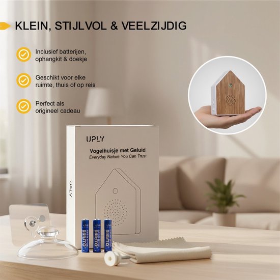 UPLY Maison d'oiseau avec son - Maison d'oiseau avec capteur - 5 sons naturels pour toilettes/WC - Détecteur de mouvement - Zwitscherbox - Cadeau - Fixation incluse - Blanc - Chêne