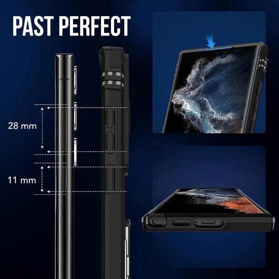 Podec Case with Screen Protector - Suitable for Samsung Galaxy S23 Ultra - Black Phone Case - Anti-Shock Case - Hybrid Armor Case with Kickstand Ring