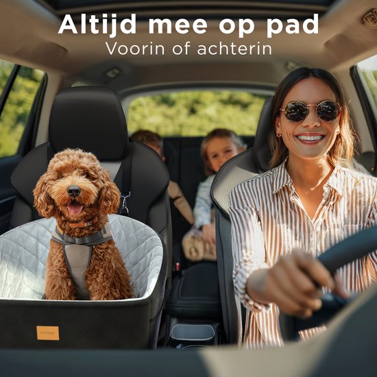 CozySense® Siège auto pour chien - Panier auto pour petit chien - Siège avant et arrière - Avec sangle de sécurité, compartiment de rangement et housse lavable - Noir/Gris