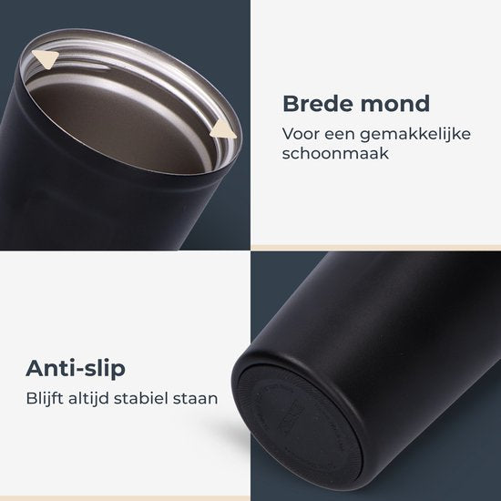 Mug thermos Castagnola - Tasse à café à emporter - Mug de voyage pour le café et le thé - Mug à thé - 380 ML - acier inoxydable - Noir