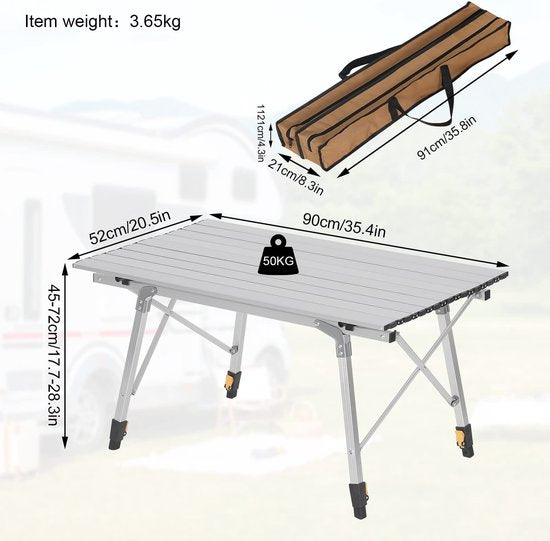 Rootz Camping Table - Bureau de pique-nique portable - Surface extérieure pliable - Support de voyage compact - Dîner en plein air - Mobilier de camping - Argent - 90x52.2cm