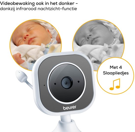 Beurer BY 110 Baby Monitor vidéo - Unité parentale/écran XL et caméra - Connexion numérique sans fil - Portée jusqu'à 300 mètres - Vision nocturne - Zoom numérique - Interphone - Chansons - Alarmes diverses - Minuterie - Eco+ - Garantie 3 ans