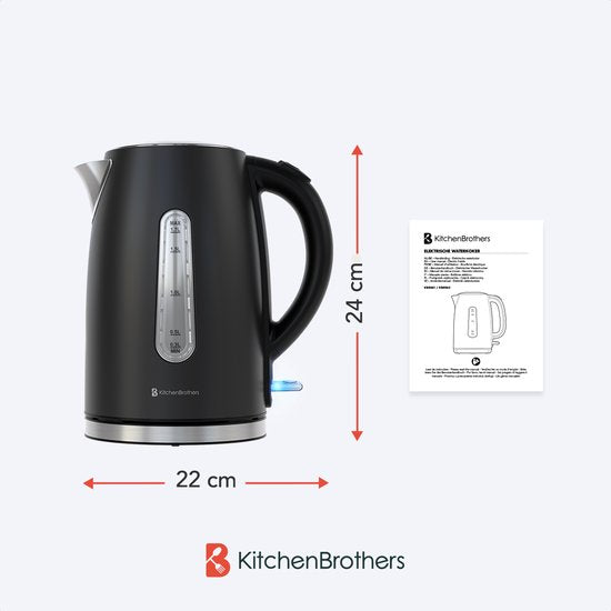 KitchenBrothers Bouilloire - Électrique - 1,7L - 2200W - acier inoxydable Bouilloire - Noir