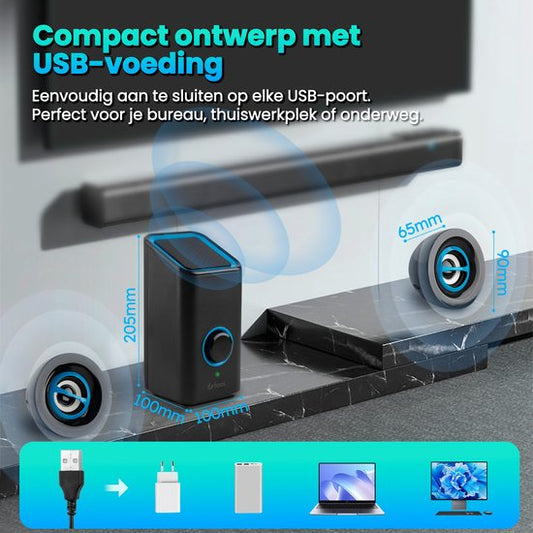 Haut-parleurs pour PC - Avec Bluetooth 5.0 - Haut-parleurs d'ordinateur - Haut-parleurs pour PC - USB-C et USB-A - Ensemble complet de 3 pièces - Ensemble de haut-parleurs - Noir et bleu - Faas