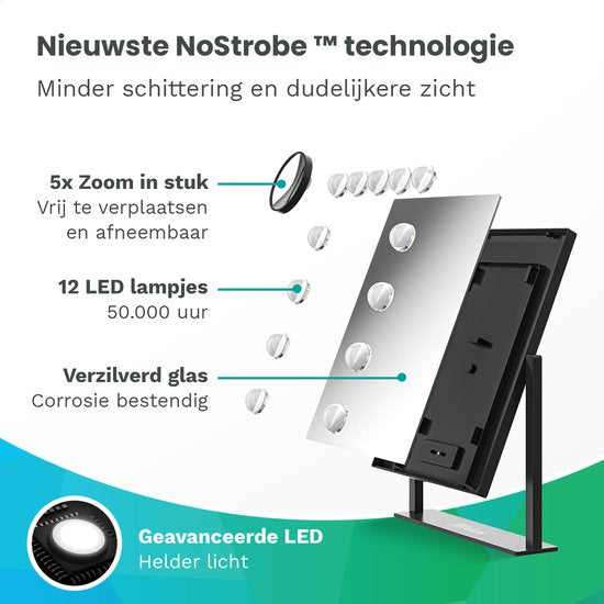 Mirlux Make Up Hollywood Mirror with Lighting (44x30cm) Vision - Dimmable LED Bulb Light - 13 Lamps - Black