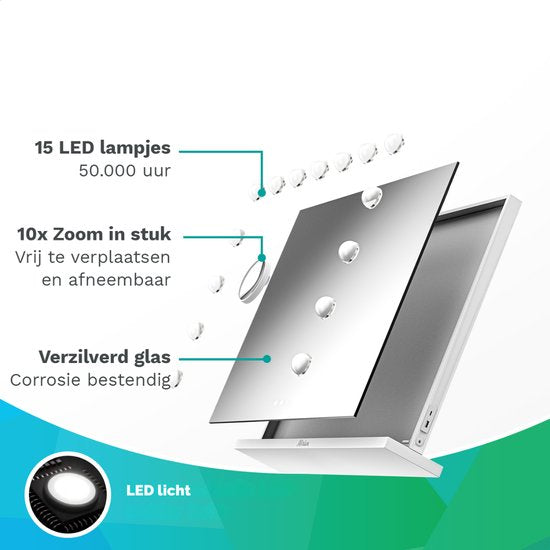 Mirlux Hollywood Mirror 58x48CM - Port de charge USB & USB-C - Zoom 10x - 3 modes de lumière dimmable - Miroir de maquillage - Eclairage LED - Suspendable - Blanc