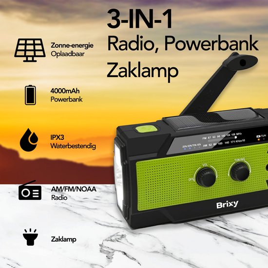 Radio d'urgence Brixy - Radio avec batterie pour les urgences - 4000 MAH - rembobinable - solaire - lampe de poche - powerbank - vert