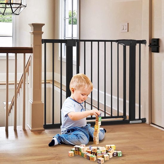 ADSafety Porte d'escalier sans perçage - 76 à 103 cm - 2 rallonges incluses - Fixation par pince - Barrière de sécurité - Barrière pour enfants - Barrière pour chiens - Noir