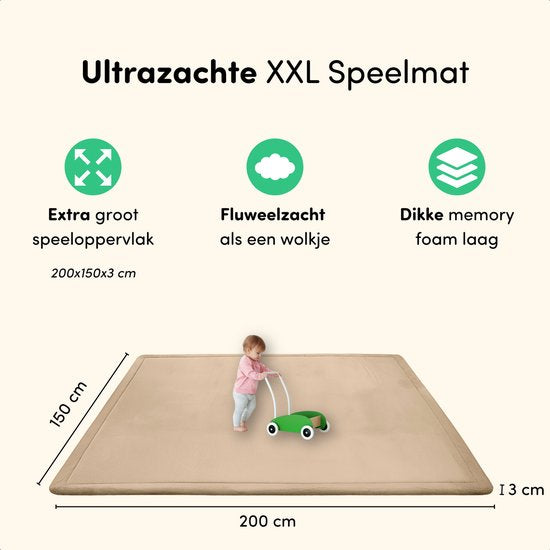 Playmat Baby XXL - Tapis de jeu avec mousse à mémoire de forme - Tapis de jeu velouté - 200x150x3 cm - Beige