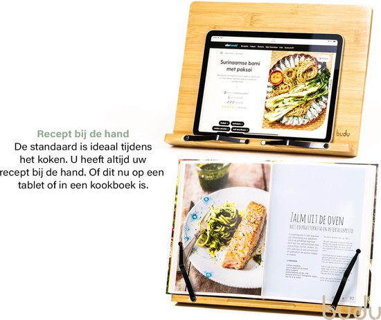 Budu Support de livre - Support de livre - Support de livre en bois de bambou - Support de tablette - Support de lecture - Réglable (5 positions)