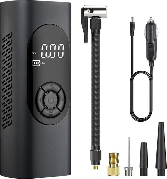 Fuegobird - Pompe électrique 6000 mAh - Pompe à vélo 150 PSI - Pompe à vélo électrique miniature avec LED SOS - Conçue pour les pneus AUTO - Vélos - Vélos électriques - Sports de balle - Inclus 2 tuyaux de gonflage - Noir