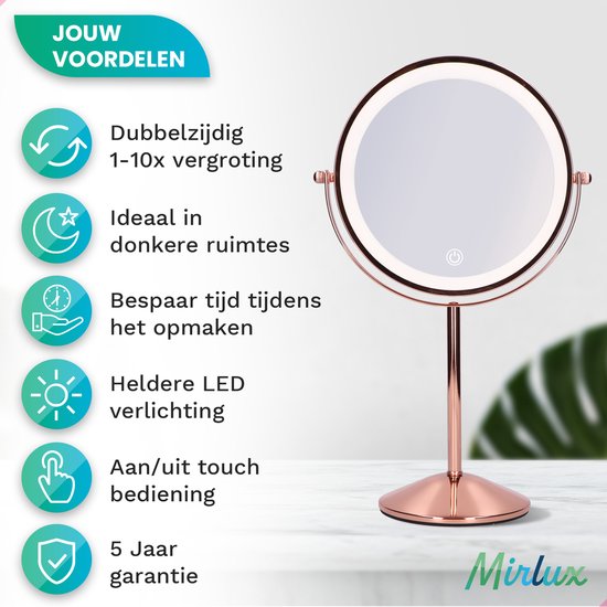Mirlux Miroir de maquillage avec éclairage LED - lumière grossissante 10x - miroir de rasage petit sur pied - 3 niveaux d'éclairage - rechargeable - miroir grossissant rose or