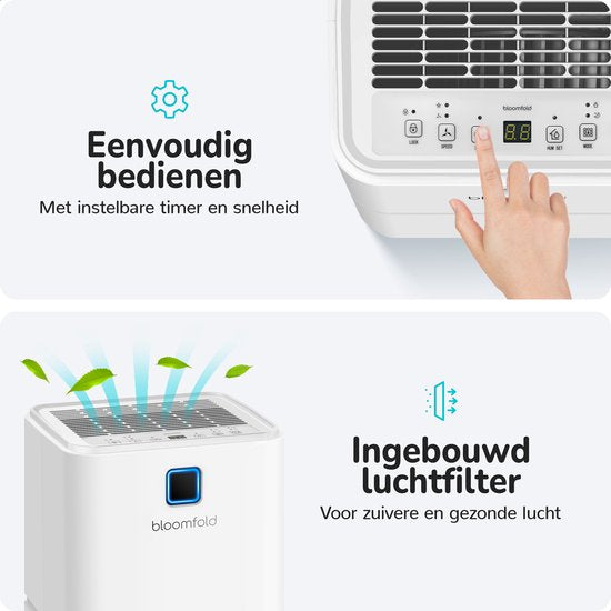 Déshumidificateur Bloomfold - 12L par jour - Fonction Lavage-Séchage incluse - Convient au salon, à la chambre et à la salle de bain - Déshumidificateur - Blanc