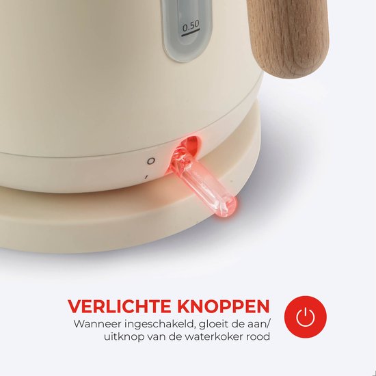 Bourgini Harmony - Bouilloire - acier inoxydable - Crème avec éléments en hêtre véritable - 1.7L - Light design