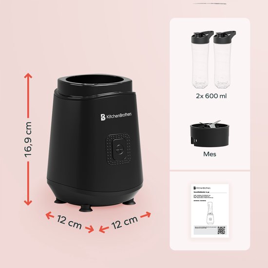 KitchenBrothers Mini Blender - Blender to Go - Smoothie Maker - 2 To-Go Cups 600 ml - Noir